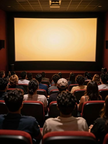 Cinematic wide shot of a diverse audience in Kochi, their faces illuminated solely by the dramatic golden glow of a movie projector screen in a dark, atmospheric room.