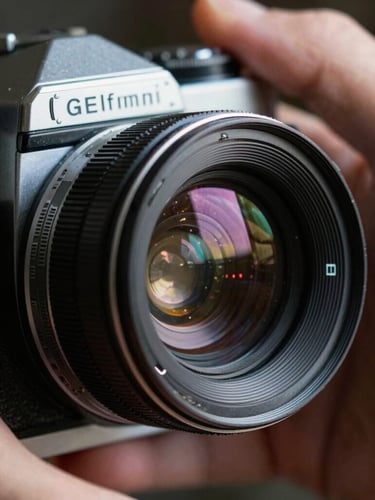 Extreme close-up of a hand adjusting a vintage 16mm camera lens, high-contrast chiaroscuro lighting, metallic textures and dust visible
