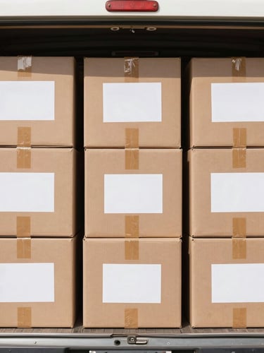 Crisp documentary photography of organized moving boxes with neat labels inside a clean truck, bright natural daylight, sharp focus