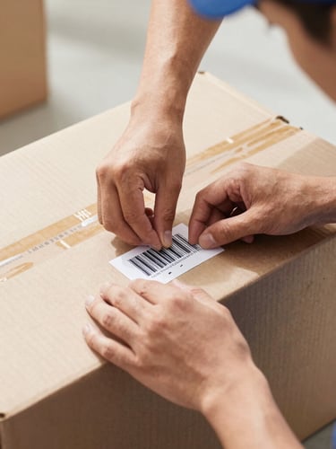 Close-up of a professional mover's hands neatly applying a barcode label to a heavy-duty moving box, bright natural daylight, crisp focus.