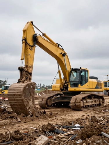Wide shot from ground level of a large excavator actively digging on a muddy construction site, hydraulic arm extended mid-swing, natural overcast daylight, raw earth and site debris visible in foreground, industrial scale evident