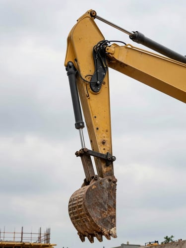 Close-up of a hydraulic excavator arm and bucket against a cloudy construction site sky, heavy steel detail visible, natural overcast daylight