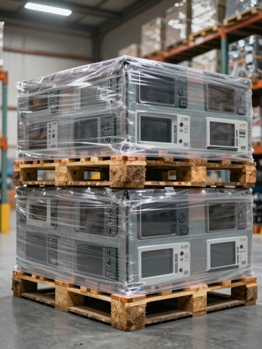 A sharp, straight-on medium shot of palletized consumer electronics inside a brightly lit, modern distribution warehouse in Tripoli.