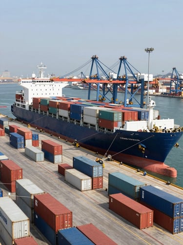 Wide environmental shot of a modern container port in Tripoli, bright natural daylight, organized shipping containers and a cargo vessel docked, high-clarity industrial infrastructure.