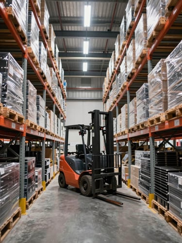 Brightly lit modern warehouse interior with high shelving units stacked with palletized electronics, a forklift operating in the center under clean daylight.