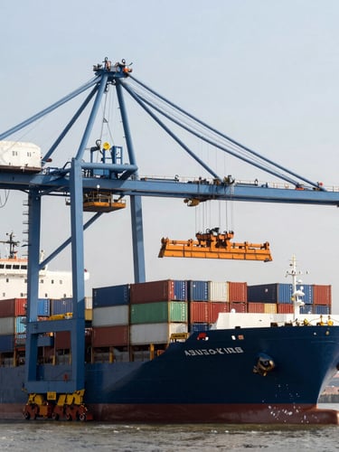 Wide environmental shot of a modern container port terminal at daylight, giant blue gantry cranes loading cargo containers onto a vessel, clean composition, high clarity.