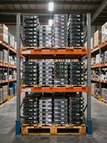 Straight-on medium shot of organized warehouse interior, palletized electronics stacked on high steel racks, clean industrial lighting.