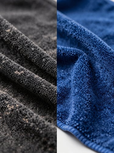 Macro split screen comparison: left side shows dusty dark microfibre, right side shows perfectly restored, deep blue clean microfibre after steam extraction