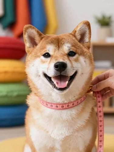 Bright joyful pet photography, warm natural daylight, vibrant colorful tones. Close-up of a happy Shiba Inu being gently measured with a pink tape measure, colorful fabrics in a warm Celaya workshop background, shallow depth of field, sharp focus.
