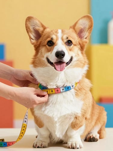 Bright joyful pet photography, warm natural daylight, a happy Corgi sitting patiently while hands gently measure its chest with a colorful measuring tape, vibrant workshop background.