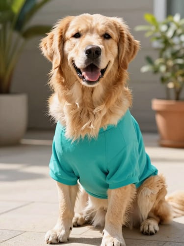 A happy golden retriever wearing a bright teal pet shirt, sitting on a sunny patio, looking directly at the camera with a joyful expression, warm daylight.