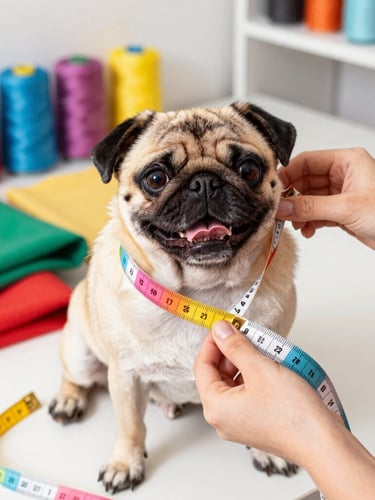Close-up of hands carefully measuring a small happy pug with a colorful soft measuring tape in a bright, sunlit sewing workshop in Mexico, vibrant fabrics and thread spools in the background