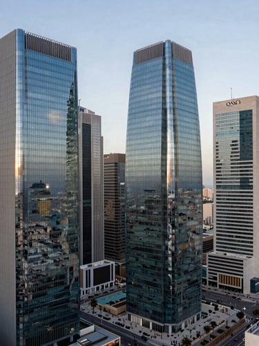 High-angle panoramic architectural shot of Casablanca's financial district, modern glass towers, cool daylight, sharp metallic reflections
