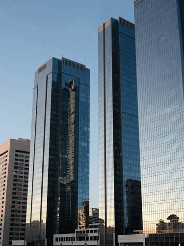 High-angle architectural view of Casablanca's financial district at morning light, towering modern glass facades reflecting cool blue skies, clean lines, sharp shadows, negative space on the left.