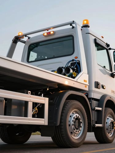 Low-angle dynamic shot of a modern clean hydraulic flatbed tow truck, amber safety beacon lights glowing, secure wheel straps visible on a clean vehicle wheel