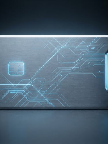 Macro shot of a sleek physical metal debit card, electric blue accents, cool studio lighting, minimalist modern aesthetic, front-on view, 35mm