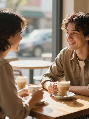 Candid environmental portrait of two people talking warmly over coffee in a bright Ohio cafe, soft natural light, shallow depth of field