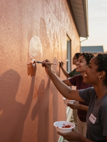 Candid medium shot of three diverse volunteers laughing together while painting a community center wall in Ohio, warm golden-hour daylight, rich terracotta tones, shallow depth of field.
