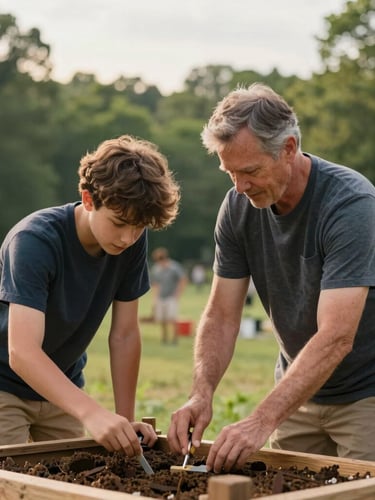 Candid medium shot of a mentor and youth working side-by-side on an outdoor community project in Ohio, soft overcast daylight, rich forest green tones.