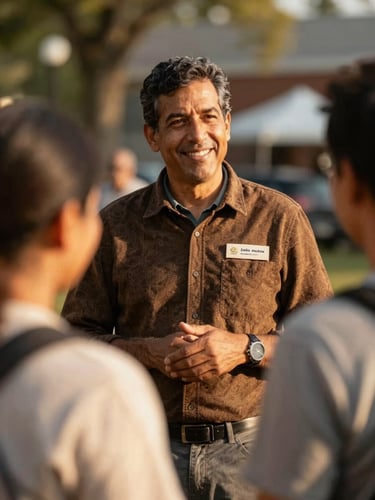 Warm editorial photograph of a local community leader in Ohio, natural golden-hour daylight, rich earthy tones, candid human connection, shallow depth of field