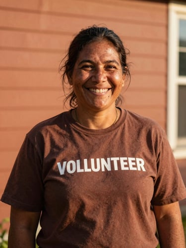 Environmental portrait of a local Ohio community volunteer, warm natural golden-hour daylight, candid smile, soft terracotta background, shallow depth of field.
