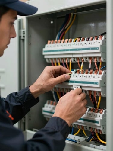 Close-up of a professional electrician in a clean dark uniform wiring a highly organized modern electrical panel, copper wires visible, crisp lighting, shallow depth of field