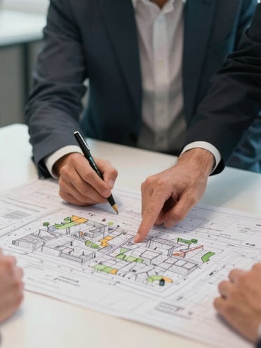 Plan serré de mains d'architectes et d'investisseurs examinant des plans d'urbanisme sur une table de réunion lumineuse, ambiance professionnelle et épurée