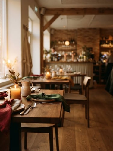 Cozy, Scandinavian-style restaurant interior at golden hour, soft diffused light, empty tables set with linen, warm candles, shallow depth of field, left third of a wide panoramic frame.