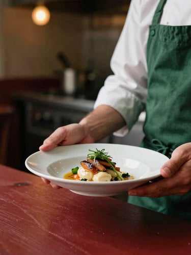 Candid portrait of a chef in a cozy, Scandinavian-style restaurant kitchen, hands holding a beautifully plated dish, soft natural side-light, deep shadows, warm editorial photography, right side of the frame.