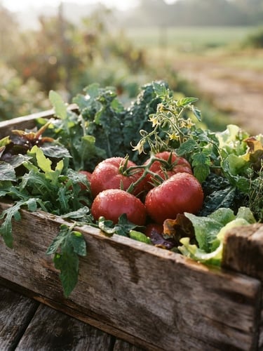 Warm editorial photography, soft natural side-light, close-up of dew-covered morning harvest in a wooden crate, shallow depth of field, 35mm film look