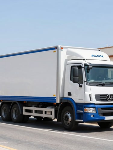 Medium wide shot of a clean blue and white ALON transport truck parked in a bright Alicante street, hydraulic tail lift lowered, natural Spanish daylight, crisp focus