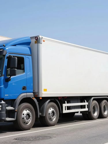 Wide shot of a clean blue and white transport truck with its hydraulic platform lowered on an Alicante street, bright natural Spanish daylight, sharp focus, 35mm lens