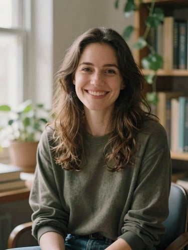 A warm editorial portrait of an indie author smiling in a sun-drenched writing studio, surrounded by books and soft green foliage.