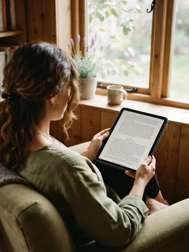 Over-the-shoulder view of a reader holding a tablet displaying elegant serif text, sitting in a cozy sun-drenched nook with soft morning window shadows, muted olive and warm timber tones, shallow depth of field, 35mm