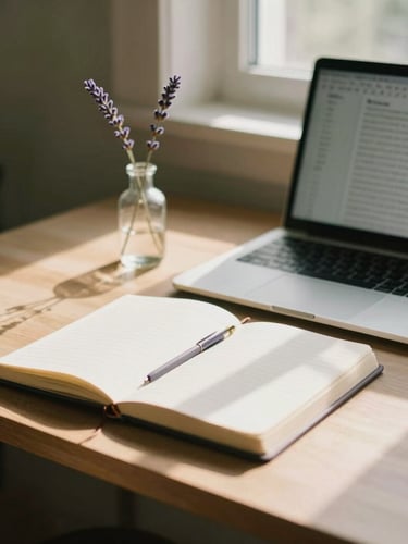 Warm editorial photography of a quiet, sun-drenched writing desk with a notebook, a laptop displaying clean text, and a small lavender sprig in a delicate glass vase. Soft golden hour window shadows, 35mm.