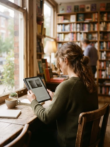 Over-the-shoulder view of a person reading on a tablet in a cozy, sun-drenched local independent bookstore, warm morning window light, shallow depth of field, 35mm