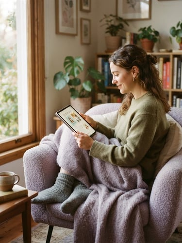 Warm editorial photography of a cozy, sun-drenched room with soft morning window light. A person sits comfortably, reading a serialized story on a tablet. Muted olive and lavender tones, shallow depth of field, 35mm.