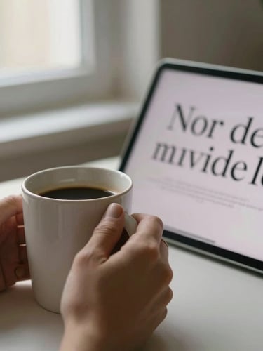 Close-up of hands holding a warm coffee mug next to a tablet showing clean serif typography, soft morning window light, cozy interior