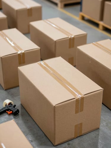 Close overhead view of cardboard shipping boxes staged on a warehouse floor, tape guns and packing materials visible, bright even facility lighting, product ready for regional dispatch