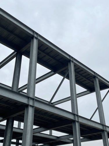 Low-angle heroic architectural photography of a massive pre-engineered steel building skeleton under a high-contrast overcast sky, raw steel columns and rafters framing the sky, sharp focus, industrial scale.