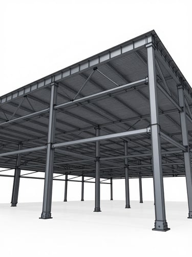 A clean, technical 3D CAD wireframe model of a massive steel warehouse structure, displaying structural joints, beams, and columns in sharp detail.