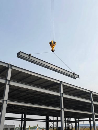 Wide-angle industrial photography of a massive PEB warehouse under construction, crane lifting a steel rafter into place against a crisp daylight sky, structural precision.