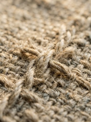 Extreme close-up macro shot of heavy-weight raw linen weave, showing natural flax fibers and organic texture under warm low-angle afternoon sun