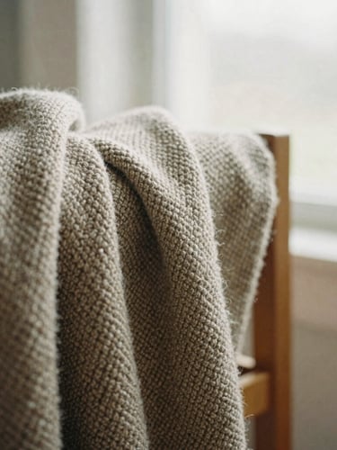 Hand-loomed wool blanket draped over a wooden chair, soft overcast window light highlighting the rich texture of the weave, macro depth of field