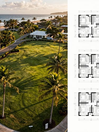 Drone-level wide shot of a pristine coastal parcel lined with palm trees at golden hour, architectural blueprints subtly overlaid on the right third, high-end corporate aesthetic