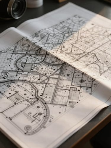 Close-up of detailed architectural blueprints and topographical maps spread across a dark table, warm side-lighting