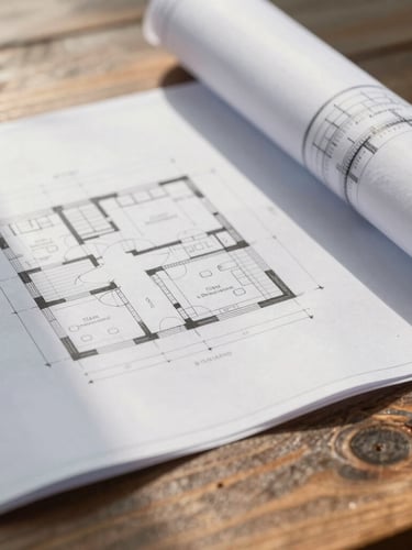 Macro detail of a clean architectural blueprint overlaid on a rustic wooden table, warm sunlight streaming across the page