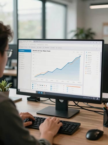 Wide environmental shot of a team member reviewing a backlink analytics dashboard on a large monitor in a naturally lit office, growth curve charts visible on screen, hands resting on keyboard, north-facing daylight, calm and focused atmosphere