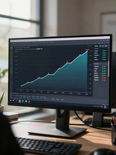 Wide environmental shot, natural north-facing office light, a monitor displaying a backlink growth chart with a clear upward curve over six months, domain rating numbers visible on screen, a second screen showing organic traffic analytics, desk surface partially visible at the bottom edge, no people in frame