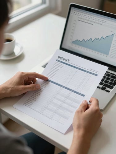 Close-up overhead view of a team member's hands reviewing a printed outreach tracking spreadsheet on a desk beside an open laptop showing a backlink growth curve chart, clean daylight from a side window, no screen glare, tidy desk surface with a coffee cup at the far edge